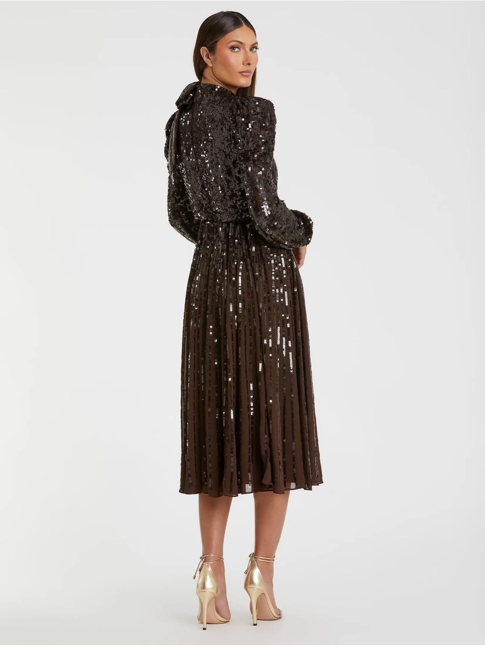 Brown Long Sleeve Sequin Tea Length Dress